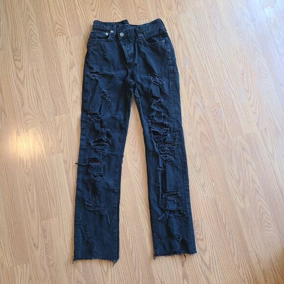 NEW AGOLDE CRISS CROSS STRAIGHT JEANS DESTROYED FEVERISH BLACK RIGID DENIM sz 25 - Picture 2 of 9